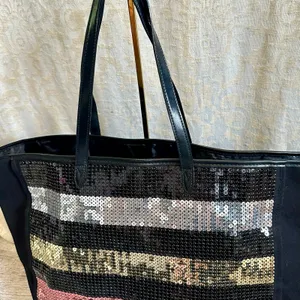Victorias Secret Metallic Sequin Striped Large Black Tote Gold Red Silver Bag thumbnail 2