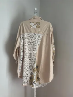 POL Patchwork Beige Floral Lace Panel Button-Up Shirt Jacket Long Shacket Sz L thumbnail 2