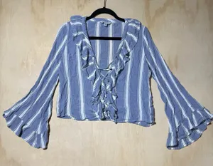 American Eagle Outfitters Women M Blue White Striped Ruffle Lace Up Blouse Boho thumbnail 1