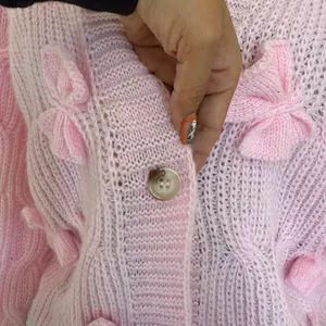 Pink Bow Knit Cardigan Sweater Coquette Cottagecore Oversized XL thumbnail 5