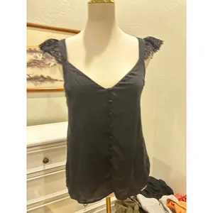 boho Silk Lace Tank Top Black Button Front Flutter Sleeve Camisole Small cami thumbnail 5
