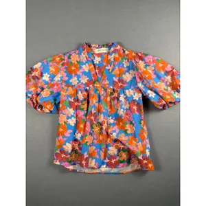 Pants Store Womens Floral Puff Sleeve Babydoll Blouse Blue Orange XS thumbnail 2