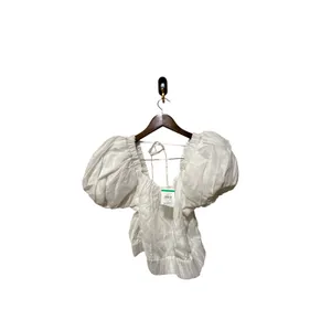 Frame Ruched Crop Puff Sleeve Blouse in Blanc‎ Size Medium NWOT thumbnail 5