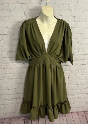 Grace Karin olive green high waisted fit and flare ruffle dress size Small retro thumbnail 9