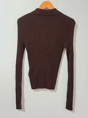 Zara Ribbed Knit Polo Top Long Sleeve - Brown - Size M - 3471 thumbnail 5