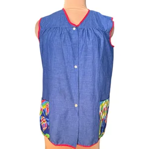 Vintage 70s Hot Air Balloon Smock Vest Blue Chambray Rainbow‎ Snap Front Top thumbnail 3