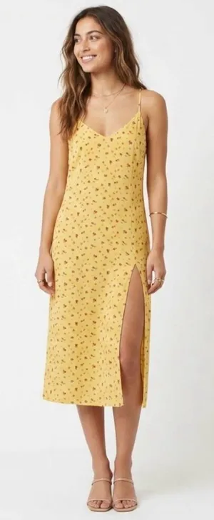 Reformation Crimini Yellow Floral Print Midi Sip Dress Leg Slit Size 0/XS thumbnail 1
