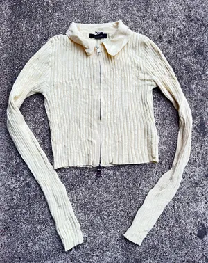 Forever 21 Ribbed Knit Zip Polo Cardigan Size S Cream thumbnail 1