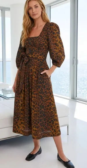 Tuckernuck Graciela Leopard Print Balloon Sleeve Midi Corset Dress 4 NWT $298 thumbnail 1