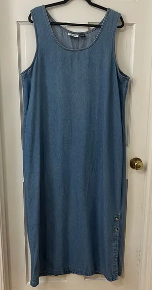 VTG Denim Maxi Dress Jumper 18W Teacher Modest 90s Button Side Slit thumbnail 1