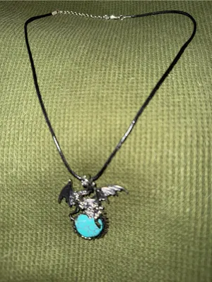 Dragon Pendant Necklace with Turquoise Stone - Black Cord thumbnail 3