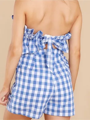 EUC Entro Blue White Gingham Shorts Romper Small thumbnail 2
