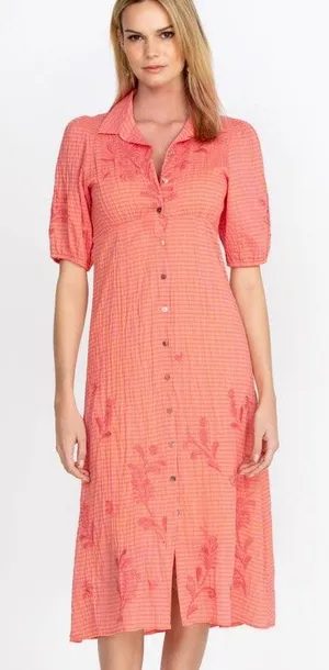 Johnny Was Size Medium Midi Dress Orla Puff Sleeve Embroidered Orange Preppy thumbnail 1