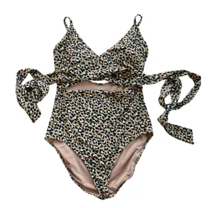 Aerie Leopard Print Wrap One Piece Swimsuit Tan Black Cutout Tie Waist L Long thumbnail 4