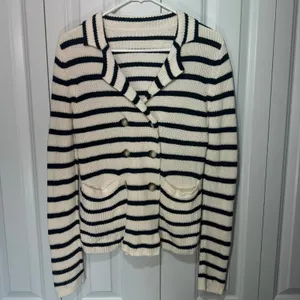Striped Knit Cardigan Sweater Navy Blue Small Coastal Nautical Preppy Cotton thumbnail 2