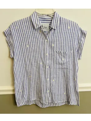 Rails Whitney Blue White Stripe Daisy Short Sleeve Collared Linen Rayon Shirt XS thumbnail 2