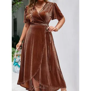 Women's‎ Formal Rust Colored V-neck Ribbed High Low Velvet Wrap Dress Sz Medium thumbnail 2
