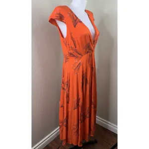 Free People Dress Sz 6 V Neck Orange Red Botanical Long Flutter Cap Sleeve Boho thumbnail 2