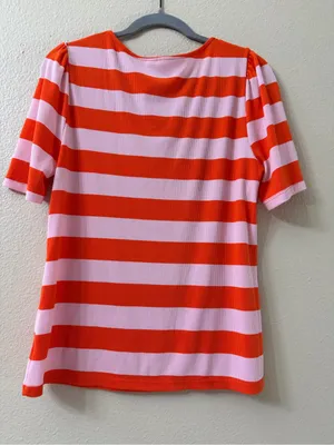 CATO Ribbed Striped Heart Neck Top Size L Pink Orange Puff Sleeve Stretch Knit thumbnail 2