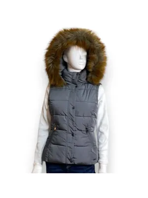 Gray Puffer Vest with Faux Fur Detachable Hood Women’s Size Small thumbnail 3