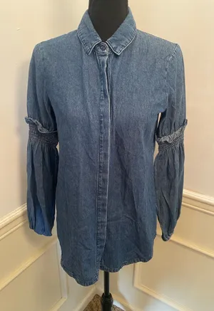 The Fifth Label Denim Smocked Balloon Bishop Sleeve Button-Down Shirt Top Ruffle thumbnail 1