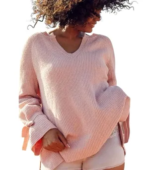 Blush Pink Ribbed V Neck Bow Tie Bell Sleeve Oversized Sweater size Small thumbnail 1