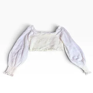 Aerie Ivory/White Smock Cropped Large Sheer Puff Sleeve Peasant Top cottagecore thumbnail 2