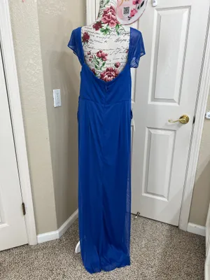 NWT Azazie Royal Blue Chiffon Maxi Dress Size A16 Evening Gown Slit thumbnail 4