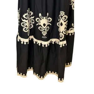 Womens Black Cream Damask Smocked Maxi Dress Long Sleeve Boho Peasant Size L thumbnail 5