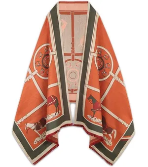 Equestrian Horse‎ Bit Print Oversized Scarf Wrap Orange Green Fringed Shawl thumbnail 1