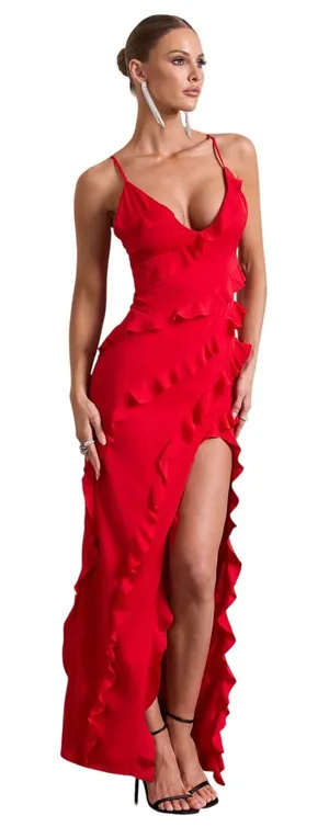 NWT Club L Red Ruffle Plunge Maxi Dress US 4 UK 8 Wedding Guest Formal Sexy thumbnail 1