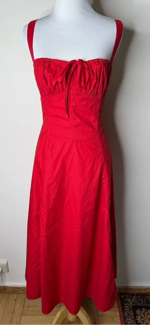 Peiran Red Cottagecore Corset Tie Front Midi Dress thumbnail 1