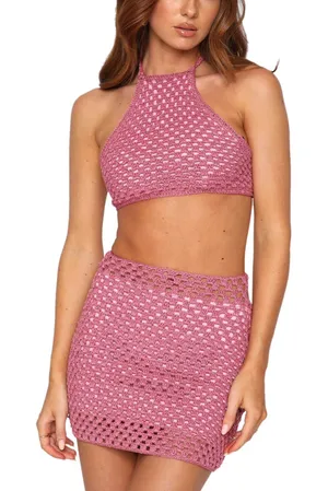 NWT White FOX | S / M | Set Skirt Halter Crochet Outfit Purple Mini Cropped thumbnail 1