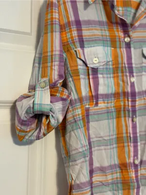 Lauren Ralph Lauren Roll-tab Button Down Purple Orange Mint Plaid Camp Shirt XS thumbnail 3