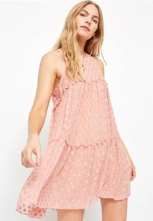 Free People Sophia Tiered Slip Dress Open Back Pink Gold Polka Dots Women's XS thumbnail 1