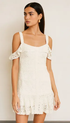 Alexis Linzi Ivory Lace Ruffle Mini Dress L Bridal Shower Bachelorette thumbnail 1