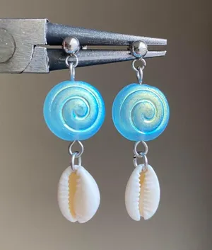 quality Czech glass beads snail shell & natural cowrie seashell dangle earrings 🌀💕 thumbnail 1