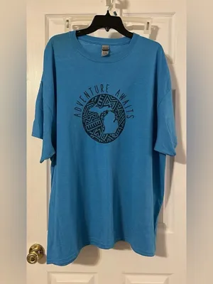 Gildan Blue Short Sleeve Tee with 'Adventure Awaits' Graphic thumbnail 2
