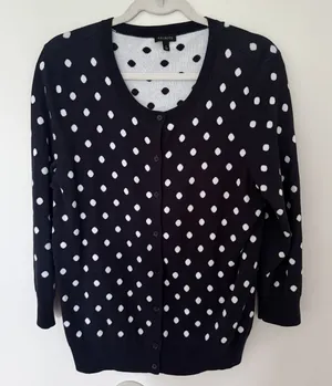 Talbots Button Front 3/4 Sleeve Navy Polka Dot Cotton Blend Cardigan Sweater L thumbnail 1
