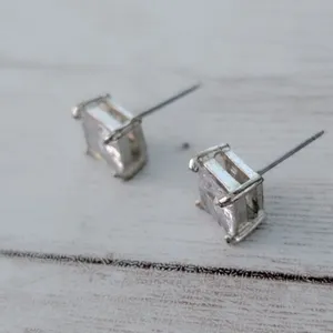 Vintage Stud Earrings Clear Square Gem 3/8" Silver thumbnail 5