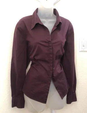 2000s Dark Purple Burgundy Hillard&Hanson button-up down office siren core shirt top blouse fitted corset waist ruched bust preppy dark academia #gothic thumbnail 1