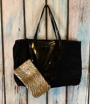Victoria’s Secret Black Sparkly Tote Bag with Leopard Change Purse Inside thumbnail 1