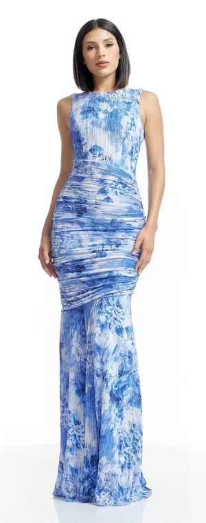 Dress The Population Violetta Maxi Dress XL Blue Floral‎ Pleated Ruched Wedding thumbnail 1