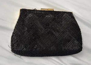 Vintage Marshall‎ Fields Black Beaded Clutch Hand Made Evening Bag Gold Chain thumbnail 1