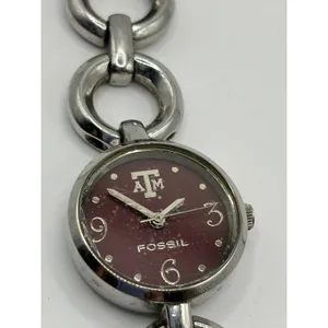 Fossil College Collection Texas A‎ & M Logo Maroon Face Silver Chain Watch thumbnail 6