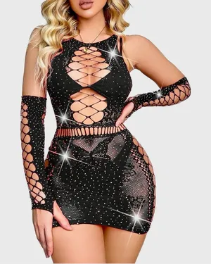 Black Rhinestone Fishnet Bodycon Mini Dress with Arm Warmers Clubwear‎ Lingerie thumbnail 1