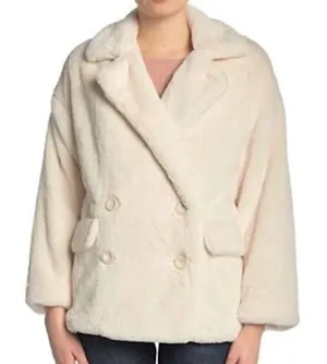 Free People Womens Cream Faux Fur Double Breasted Peacoat Jacket OB912466 Size M thumbnail 1