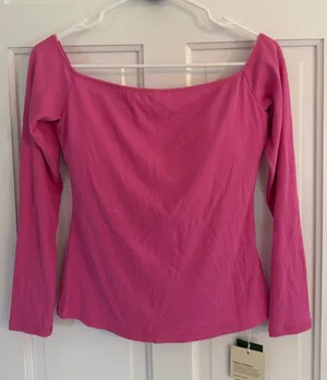 NWT Halara Pink Ribbed Square Neck Long Sleeve Built-In Bra Top M‎ thumbnail 1