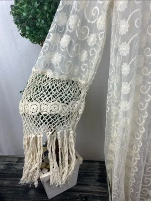 Band of Gypsies Cream Ivory Sheer Crochet Fringe Open Front Boho Duster M thumbnail 4