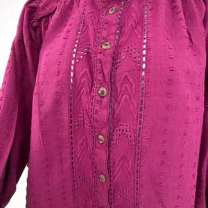Anthropologie Pilcro Embroidered Swiss Dot Peasant Blouse Berry Magenta Small S thumbnail 5